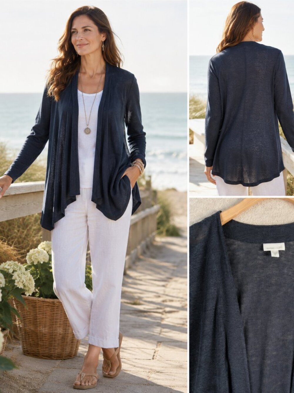 J. Jill Love Linen Cardigan M Dark Blue Quiet Luxury Minimalist Nautical